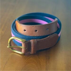 Brooks Brothers Men's Pink & Navy Blue Leather Golf Belt with Brass Buckle